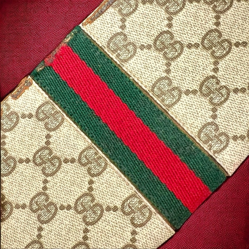 70’s Gucci Red & Green Stripe on Beige Gucci Logo Coated Canvas & Brown Leather - Picture 7 of 14